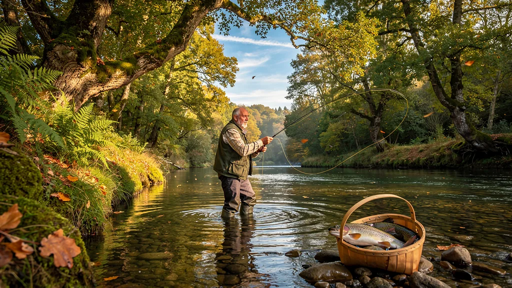 Pêcheur en Ille-et-Vilaine au bord d’une rivière avec truite fraîchement pêchée en panier