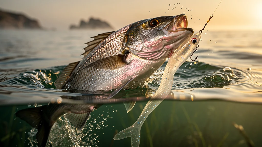 Leurre souple plié sous la frappe puissante d'une grosse dorade surprise en mer à l'aube