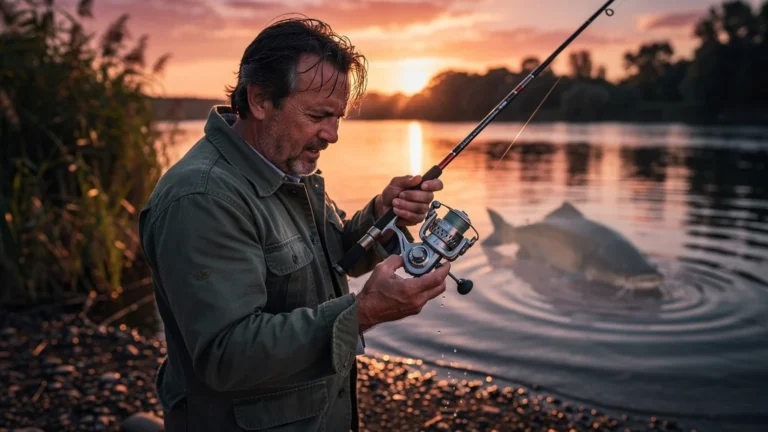 Pêcheur inspectant un moulinet défectueux après avoir perdu un silure de plus d'un mètre