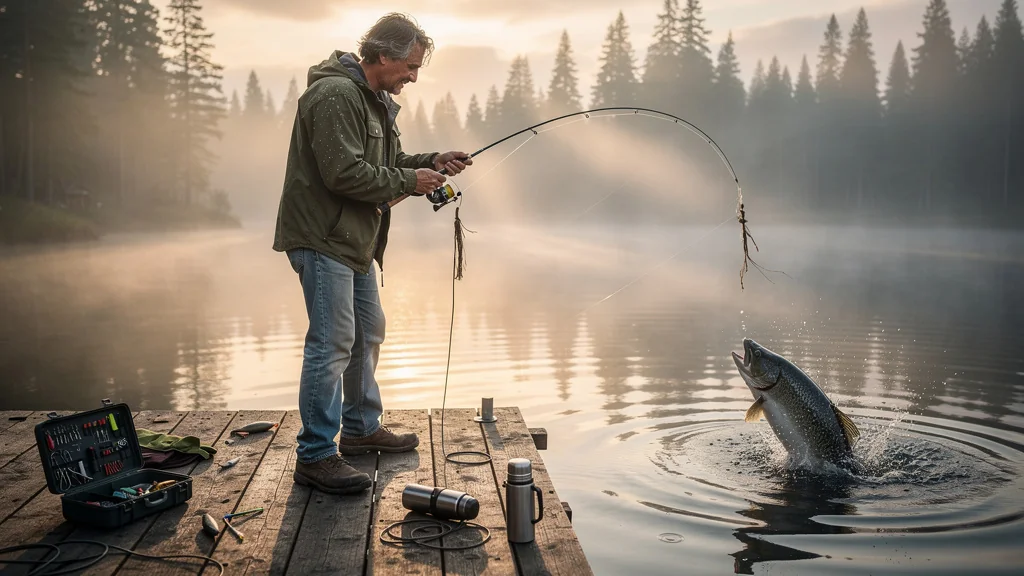 Pêcheur au bord d'un lac perdant un gros poisson à cause d'un nœud mal serré un dimanche matin