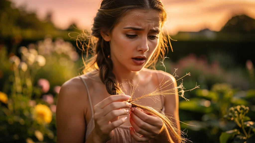 Jeune femme triste avec une tresse cassée fragile au soleil dans un jardin lumineux
