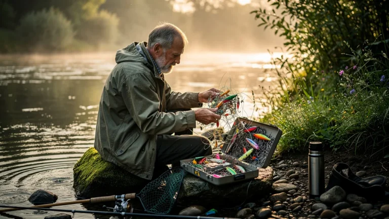 Pêcheur frustré avec boîte à leurres surchargée perdant du temps au bord de la rivière au lever du jour
