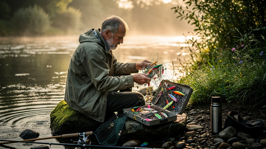 Pêcheur frustré avec boîte à leurres surchargée perdant du temps au bord de la rivière au lever du jour