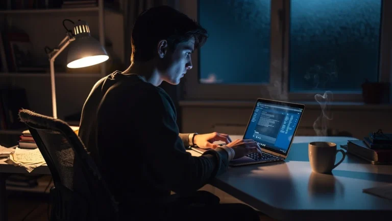 Moment de doute nocturne avec clavier flou et lumière froide illustrant la perte de sensation des touches