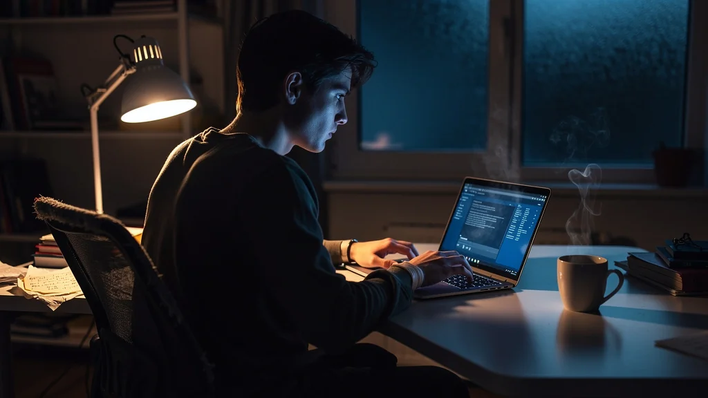 Moment de doute nocturne avec clavier flou et lumière froide illustrant la perte de sensation des touches