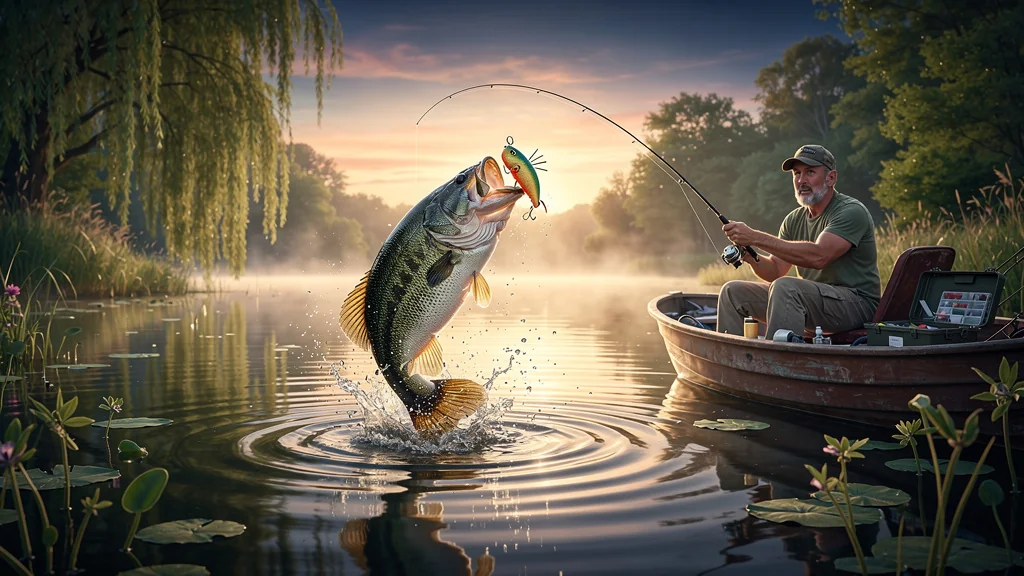 Première touche de black-bass sur l'étang, poisson bondissant et pêcheur surpris en pleine action