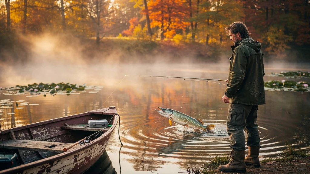 Angler regret releasing northern pike too soon, missed perfect photo at misty autumn lake dawn