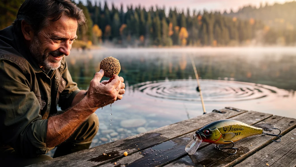 Pêcheur tenant une bouillette maison face à un leurre commercial sur un lac au lever du soleil