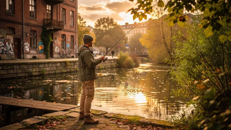 Scène hyper-réaliste de street fishing en ville mêlant nature et urbanisme au coucher du soleil