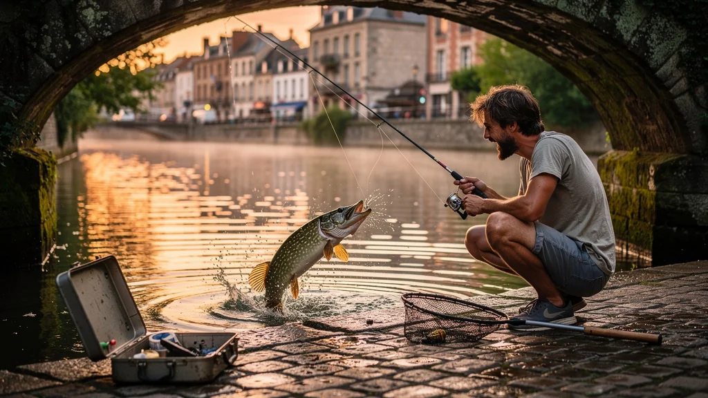 Mon premier street fishing dans les canaux de Rennes un soir d'été avec un brochet sous un quai en pierre