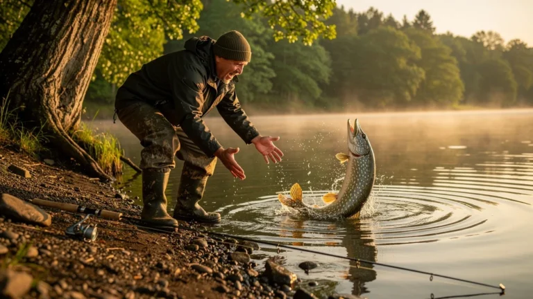 Pêcheur au bord du lac perdant un brochet à cause d'une absence d'épuisette, prise de vue réaliste
