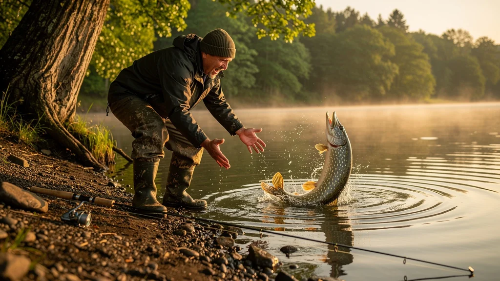 Pêcheur au bord du lac perdant un brochet à cause d'une absence d'épuisette, prise de vue réaliste
