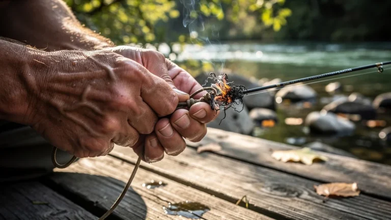 Main serrant un nœud de pêche brûlé par friction faute d’avoir mouillé la ligne avant de serrer
