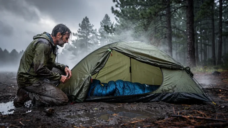 Bivouac trempé après une pluie inattendue, duvet mouillé et bivvy humide en forêt au petit matin