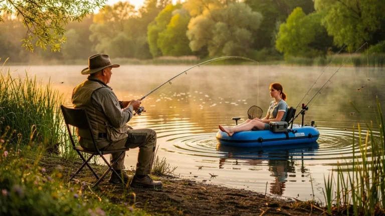 Pêche du bord et en float-tube sur un étang au lever du jour, ambiance calme et réaliste