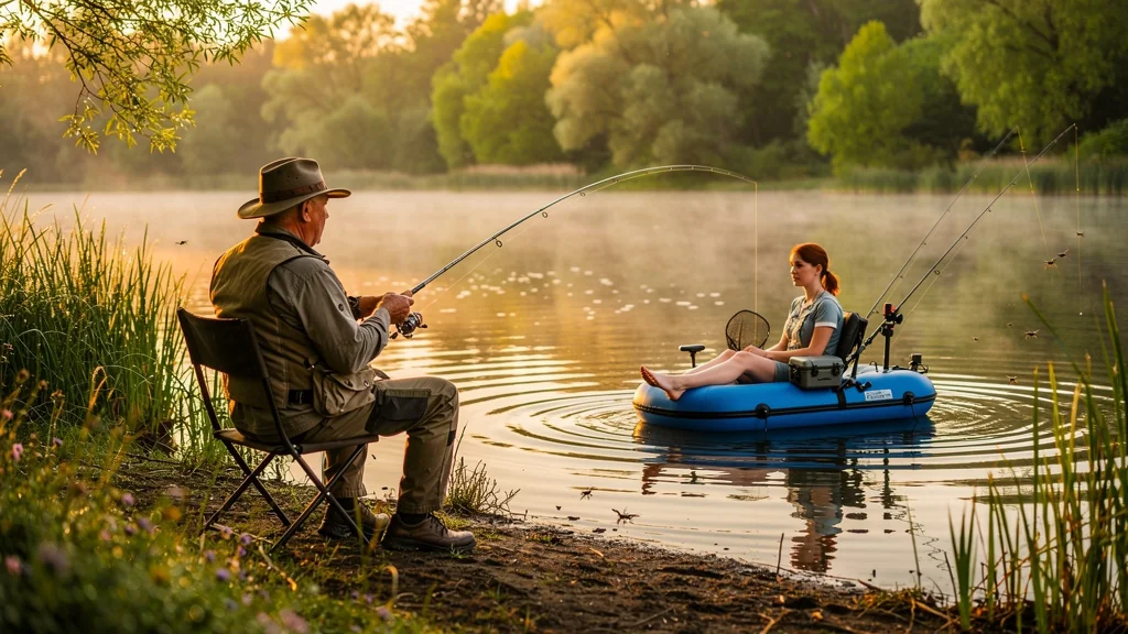 Pêche du bord et en float-tube sur un étang au lever du jour, ambiance calme et réaliste