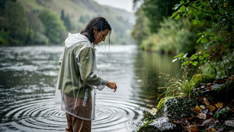 Femme au bord d'une rivière sous la pluie changeant sa lecture de l'eau un dimanche