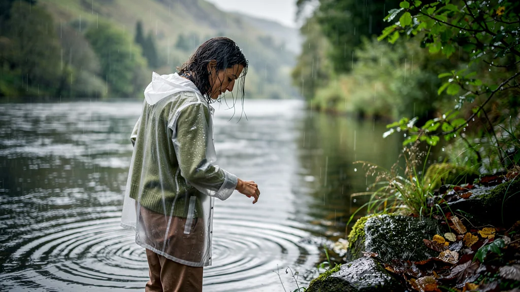 Femme au bord d'une rivière sous la pluie changeant sa lecture de l'eau un dimanche