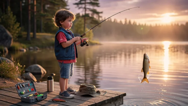 Jeune garçon ferrant sa première perche au bord d’un lac, moment émouvant et naturel au coucher du soleil