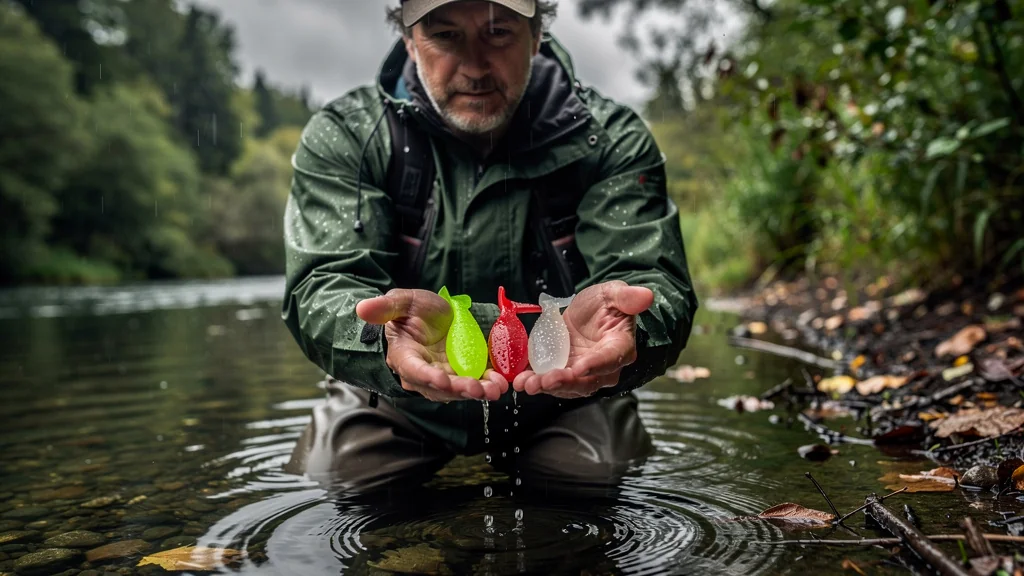 Angler testant trois couleurs de leurre souple selon la clarté de l'eau après une grosse pluie