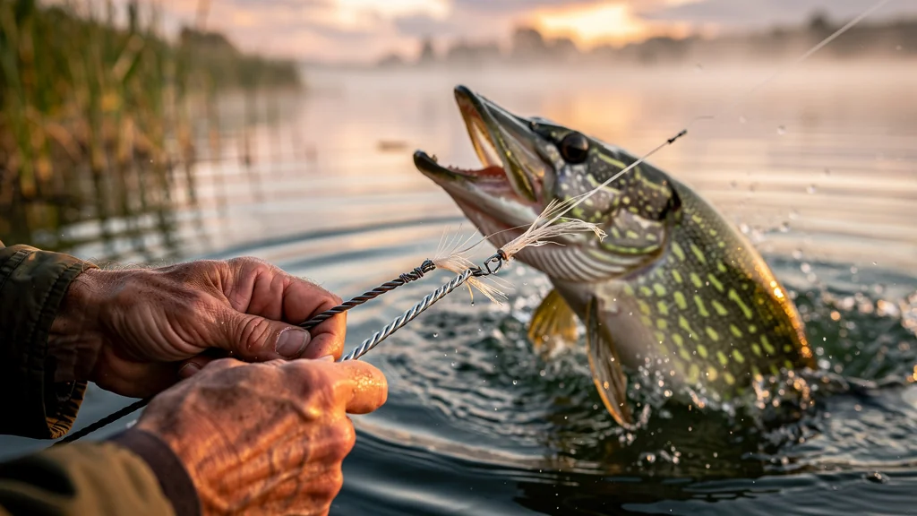 Comparaison ultra-réaliste bas de ligne acier et fluorocarbone épais sur un brochet en plein combat
