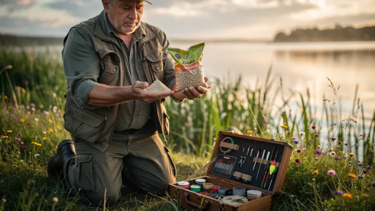 Comparaison hyper-réaliste entre amorce maison tamisée et amorce commerce au bord d’un lac un dimanche