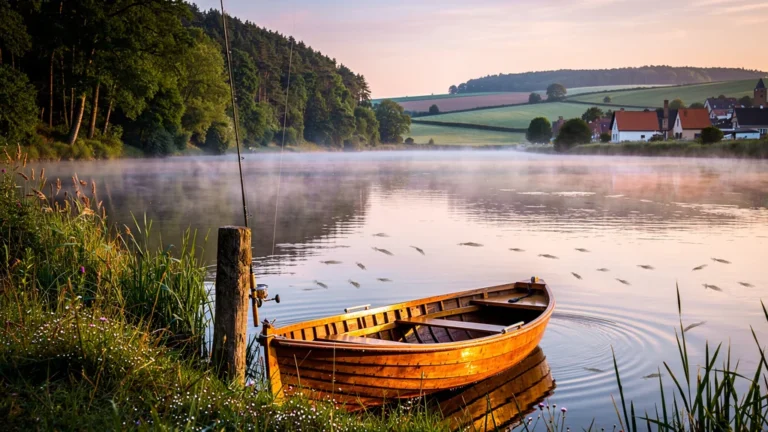 Paysage photoréaliste du site 3 frontière pêche au lever du jour avec rivière, bateau, et nature environnante