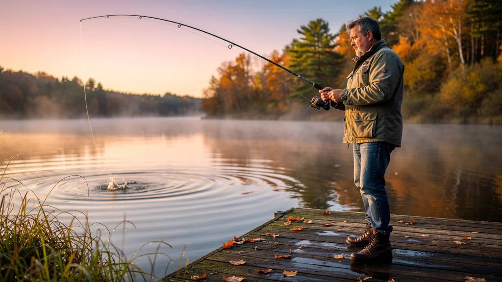 Action pêche au lever du jour avec pêcheur concentré sur un lac paisible entouré de végétation luxuriante