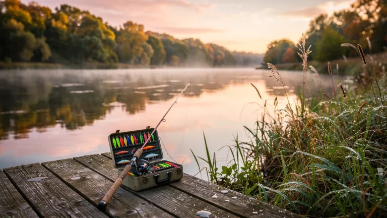 Paysage hyperréaliste au bord de la rivière avec matériel de pêche pour article b4b