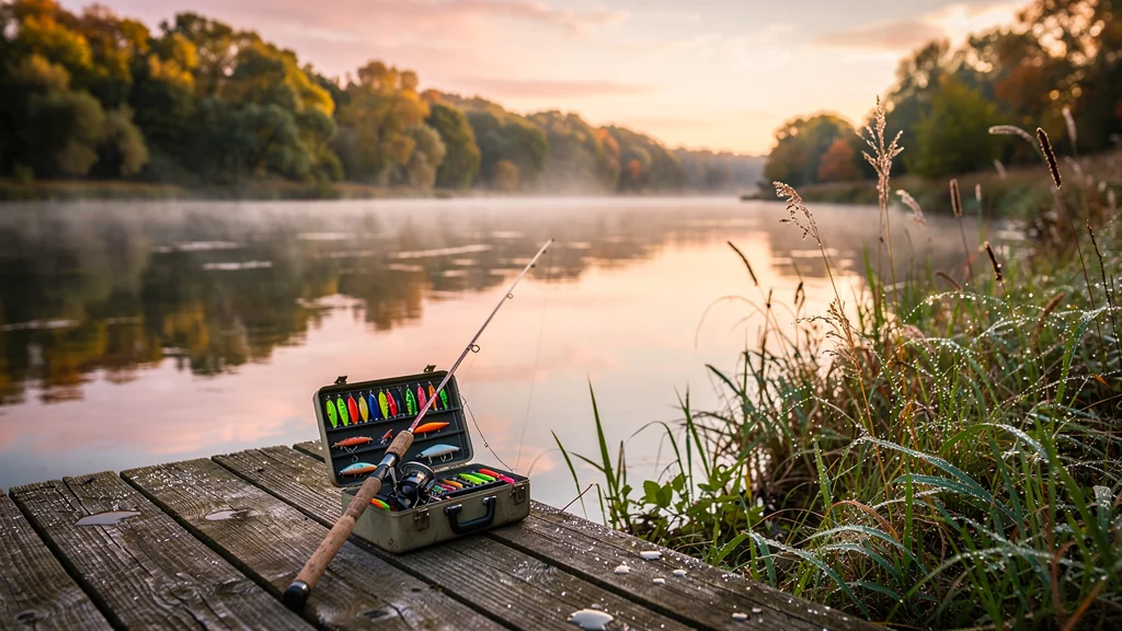 Paysage hyperréaliste au bord de la rivière avec matériel de pêche pour article b4b