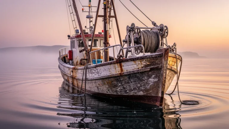 Bateau de pêche robuste en mer au lever du soleil, illustrant autonomie et performances testées 50h