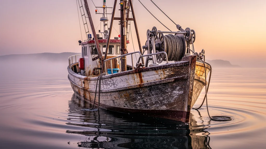 Bateau de pêche robuste en mer au lever du soleil, illustrant autonomie et performances testées 50h