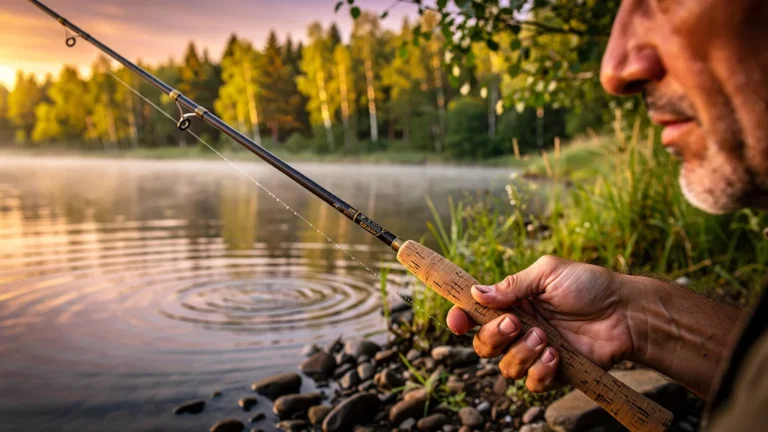 Homme de 42 ans tenant une canne à pêche au coucher de soleil, reflet de la patience avant le ferrage prématuré