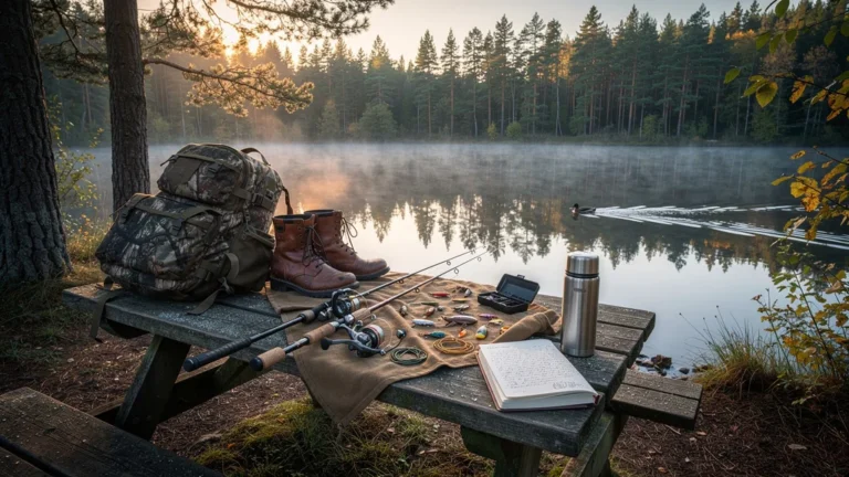 Scène réaliste d’un coin nature au bord d’un lac pour forum chasse pêche au lever du jour