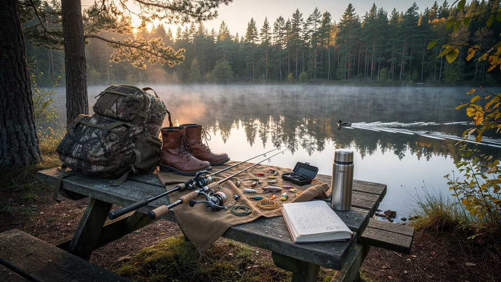 Scène réaliste d’un coin nature au bord d’un lac pour forum chasse pêche au lever du jour