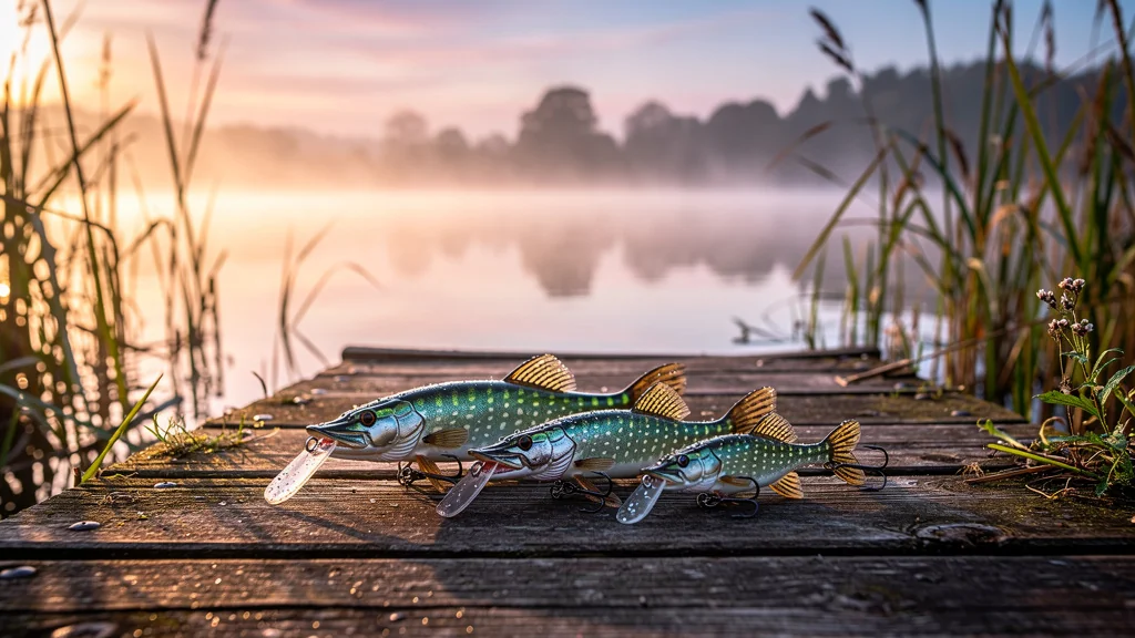 Comparaison ultra-réaliste de trois leurres à brochet sur un quai au lever du jour
