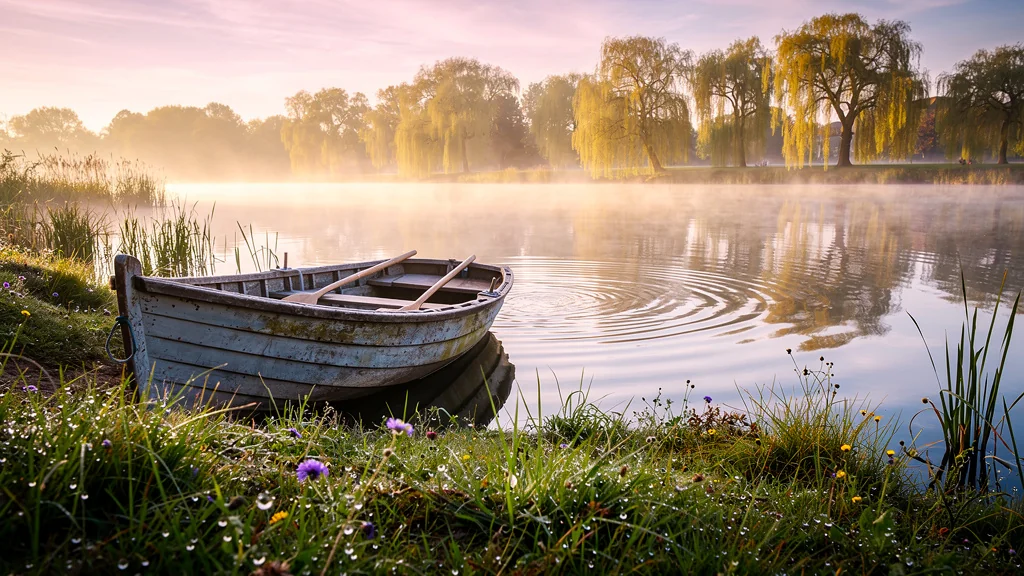Petit étang calme avec une barque vide au bord, reflet matinal et lumière douce, scène hyper-réaliste