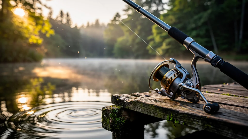 Moulinet casting détaillé sur ponton au bord d'un lac au matin, symbole pour débutants en lancer