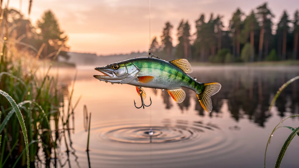 Leurre brochet flottant sur un lac au lever du soleil, reflet et détails hyper-réalistes en 8K