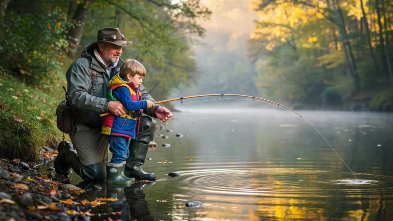 Première ouverture de la truite en famille avec canne trop longue au bord d’une rivière paisible