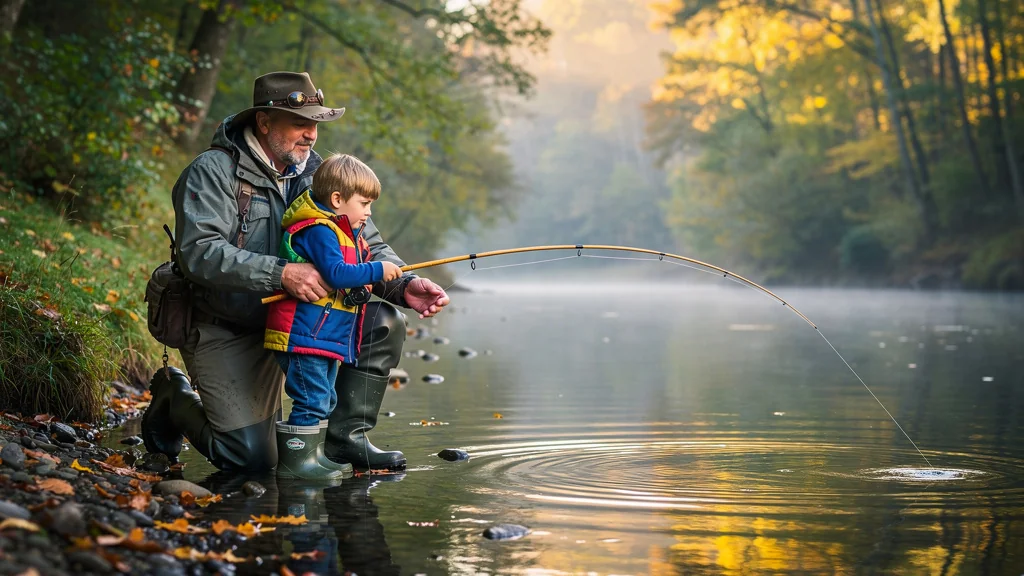 Première ouverture de la truite en famille avec canne trop longue au bord d’une rivière paisible