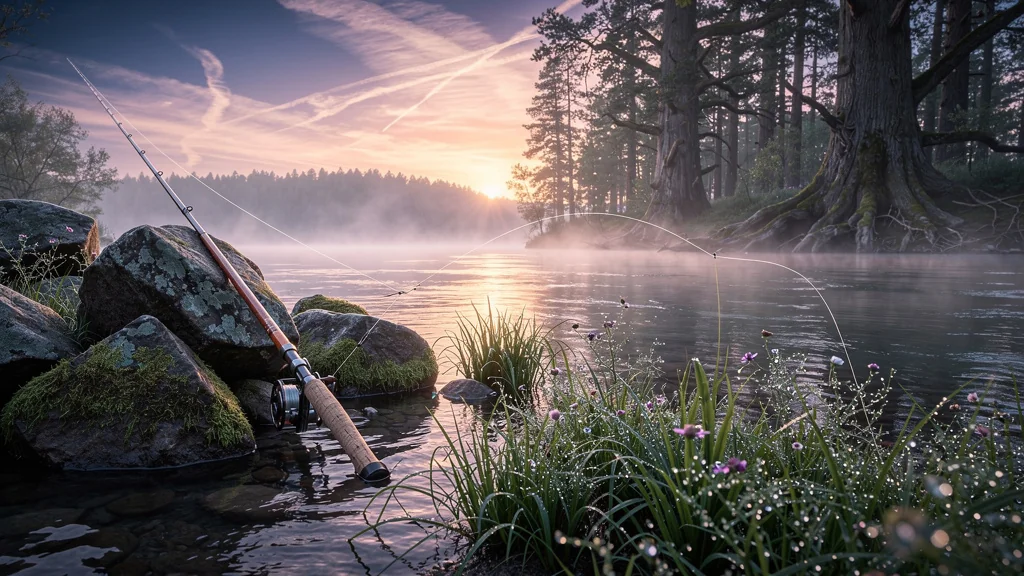 Paysage hyper-réaliste d'une rivière au lever du jour avant ouverture pêche 2026, ambiance calme et naturelle