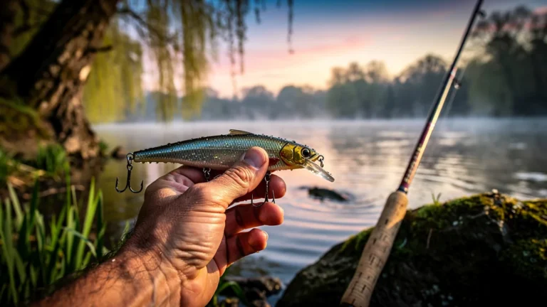 Homme de 42 ans tenant un leurre de pêche au bord d'une rivière au lever du soleil, paysage naturel détaillé