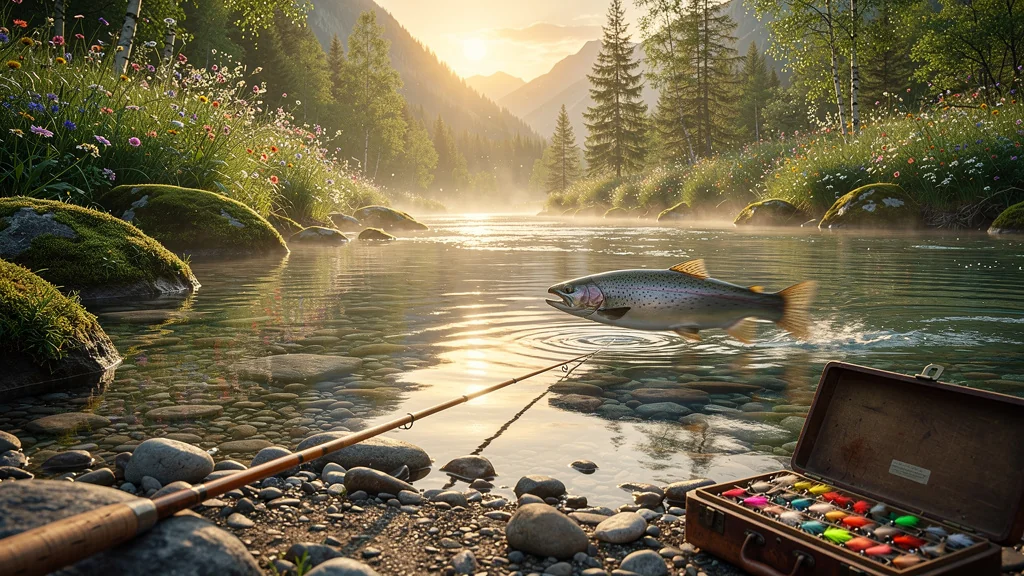 Paysage hyperréaliste de pêche à la truite au bord d’une rivière de montagne au lever du soleil