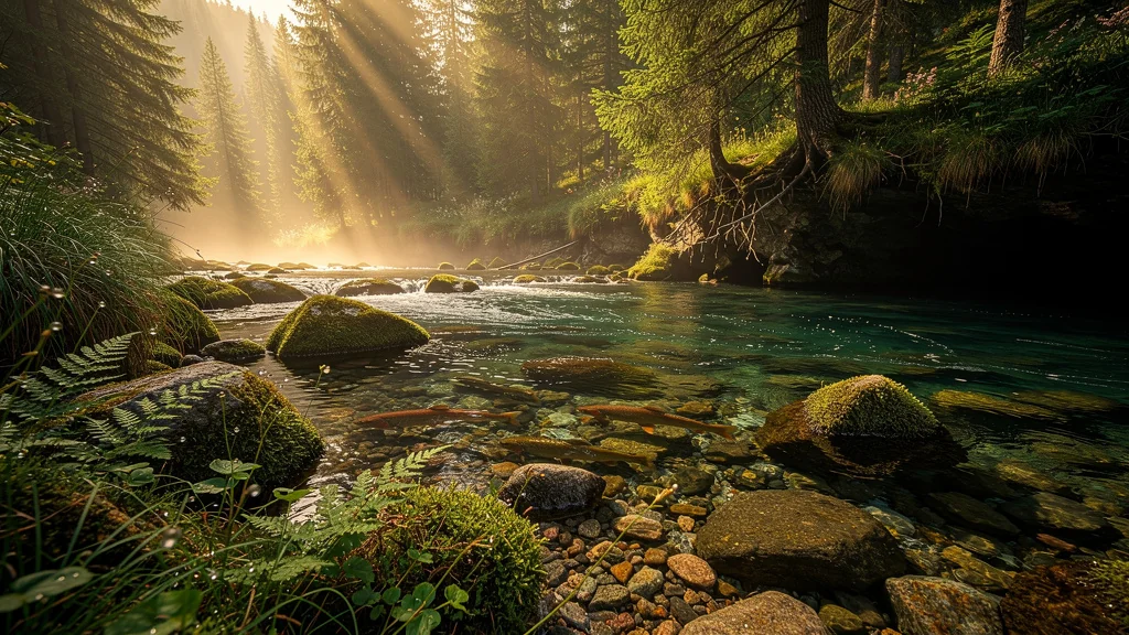 Paysage hyper-réaliste d'un poste de truite idéal dans un ruisseau de montagne au lever du jour