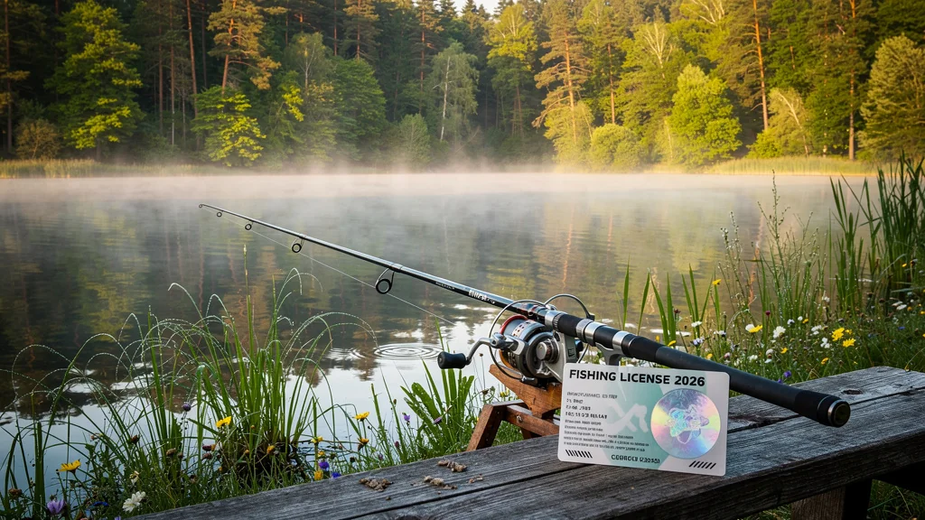 Tarif carte de pêche 2026 affiché au bord d'un lac paisible au lever du soleil, ambiance nature et pêche