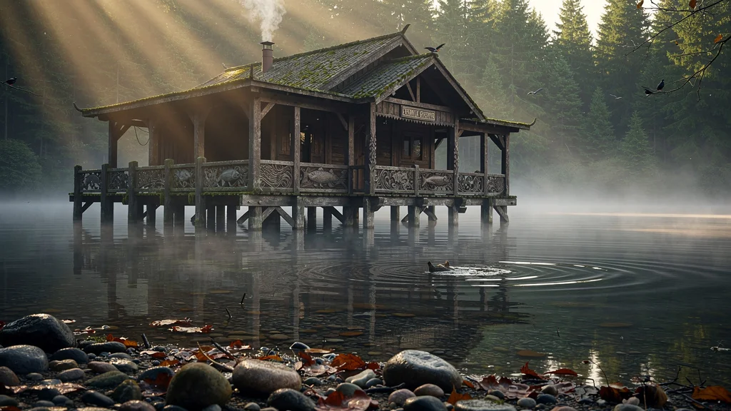 Temple de la pêche ancien au bord d’un lac paisible entouré de forêt, ambiance mystique et matin brumeux