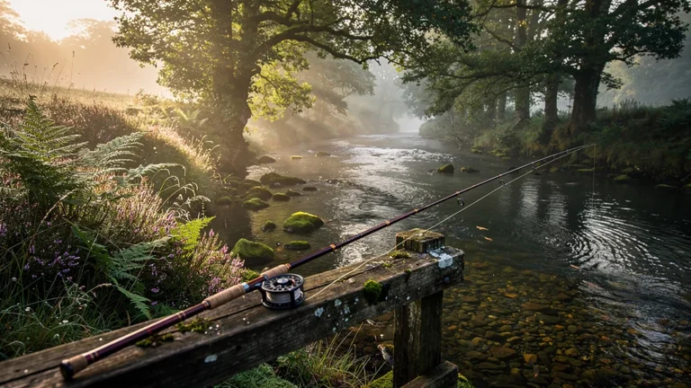 Canne à truite courte posée sur un pont en bois au bord d’un ruisseau breton paisible au lever du jour