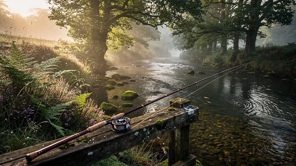 Canne à truite courte posée sur un pont en bois au bord d’un ruisseau breton paisible au lever du jour