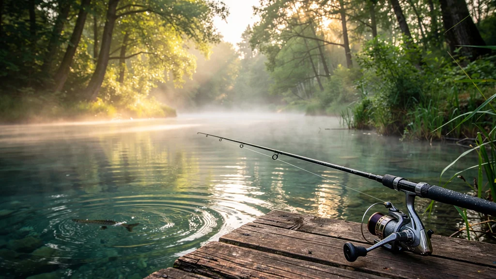 Paysage de pêche matinal au bord d’une rivière pour Zigapeche, ambiance brumeuse et lumière dorée
